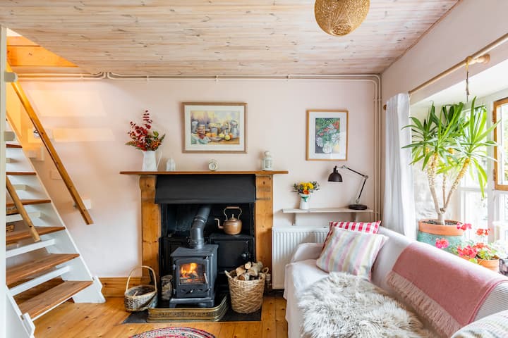Kitchen diner with wood burning stove .