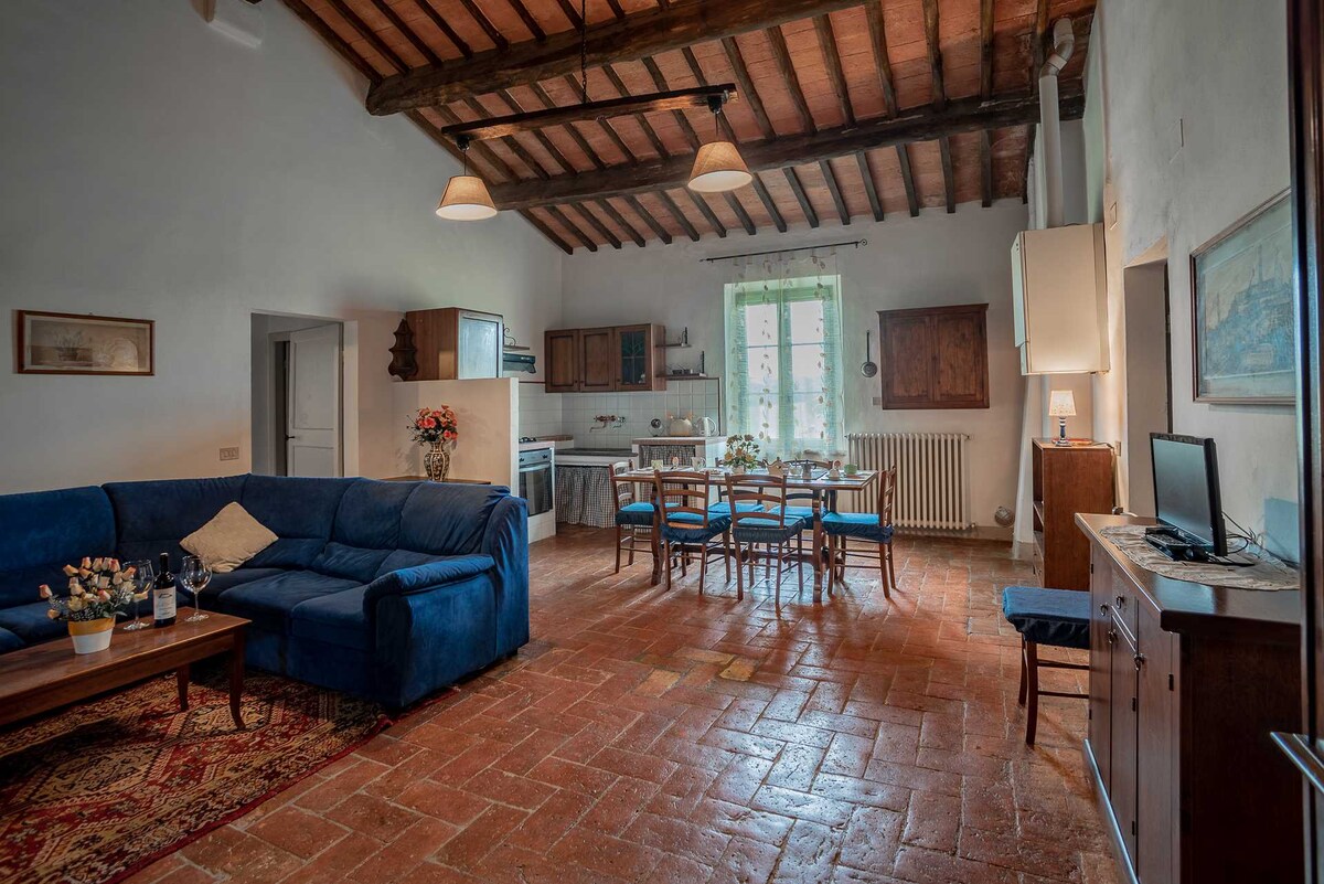 A spacious living area features a blue sectional sofa and a wooden dining table surrounded by chairs. Large windows allow natural light to illuminate the room, highlighting the terracotta flooring and rustic wooden beams on the ceiling.