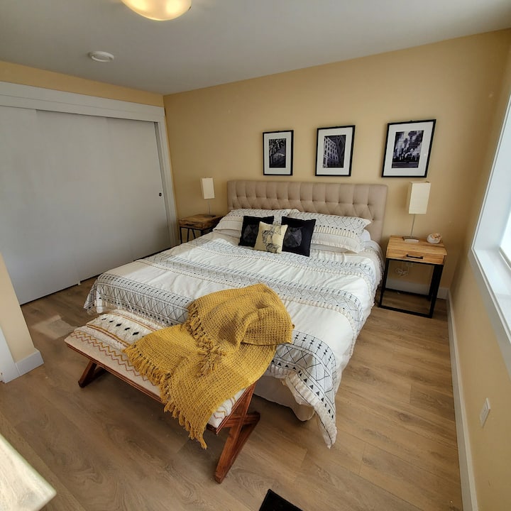 Private bedroom has a full size closet with ample storage and hangers for your clothing and room for your luggage