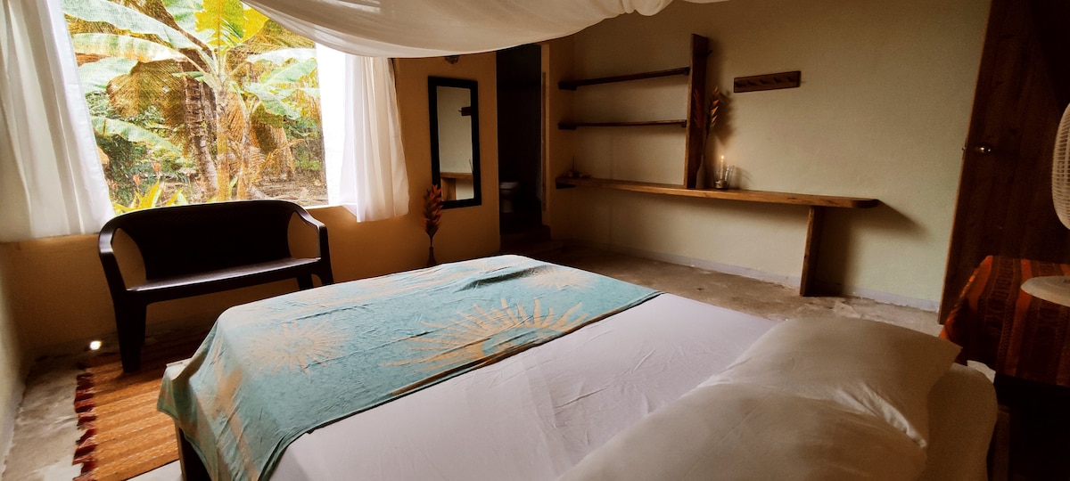 A spacious bedroom is highlighted by a large bed with crisp white linens and a turquoise throw blanket. Natural light filters through large windows adorned with sheer curtains, illuminating a wooden shelf and a chair positioned nearby. Surrounding greenery is visible outside.
