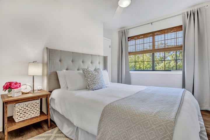 Private bedroom suite upstairs with cozy queen size bed. 