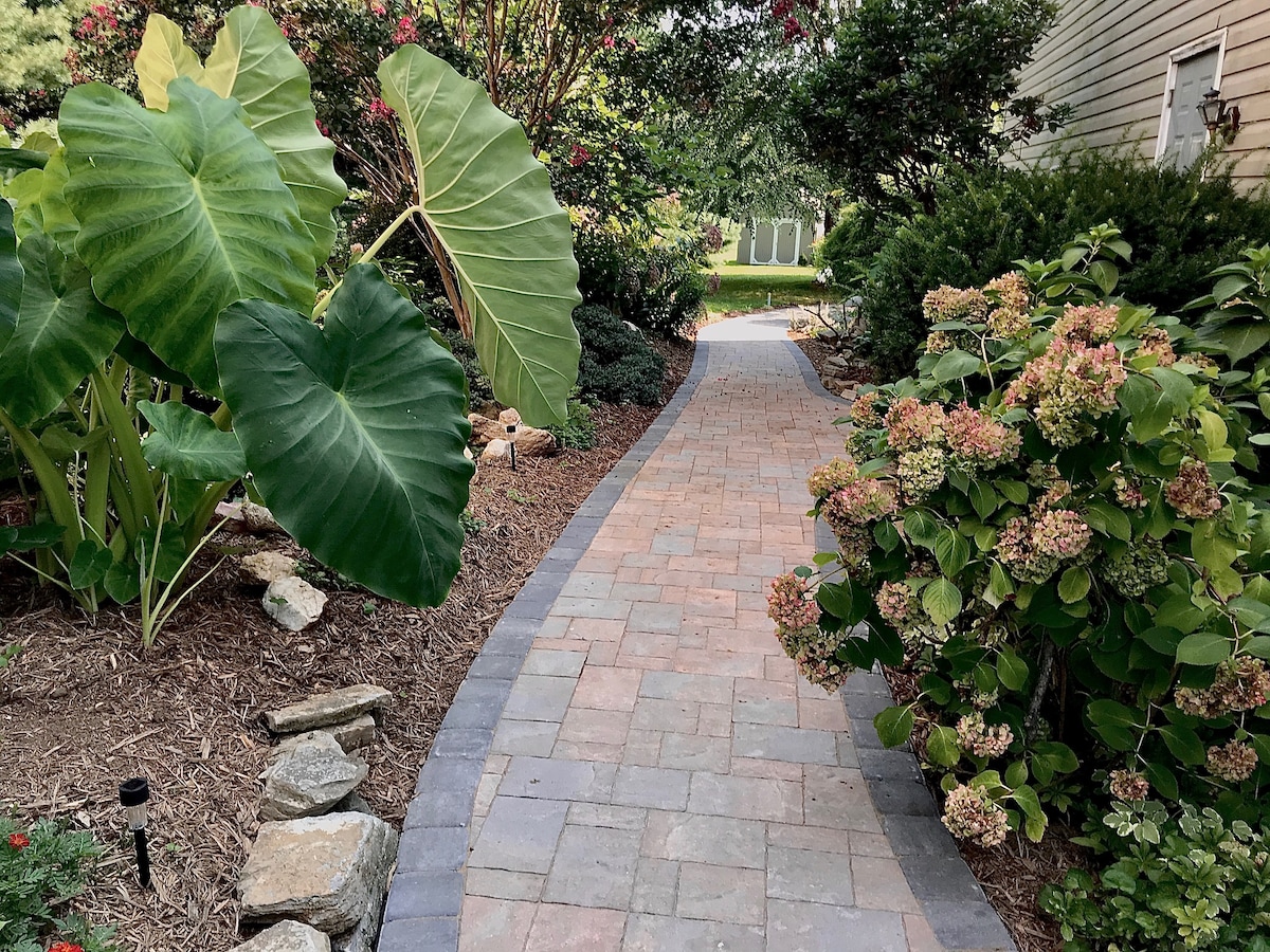 A winding pathway made of pavers is bordered by lush greenery, including large leaves and blooming hydrangeas. The pathway leads through a garden, creating a natural and inviting entrance to the property.