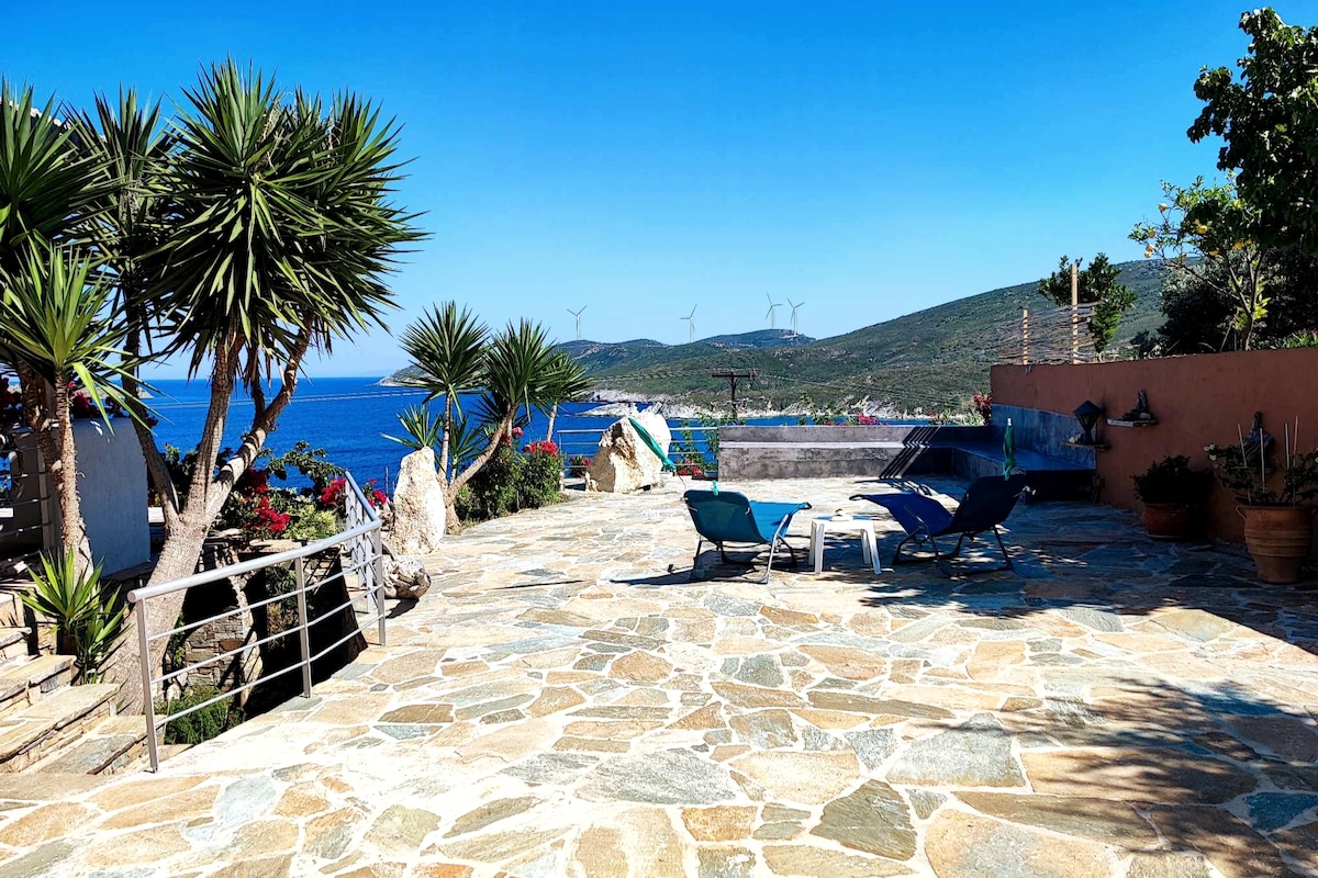 The outdoor area features a stone patio adorned with tropical plants and two lounge chairs facing the sea. In the background, wind turbines are visible on the hillside, and the expansive blue water reflects the clear sky.