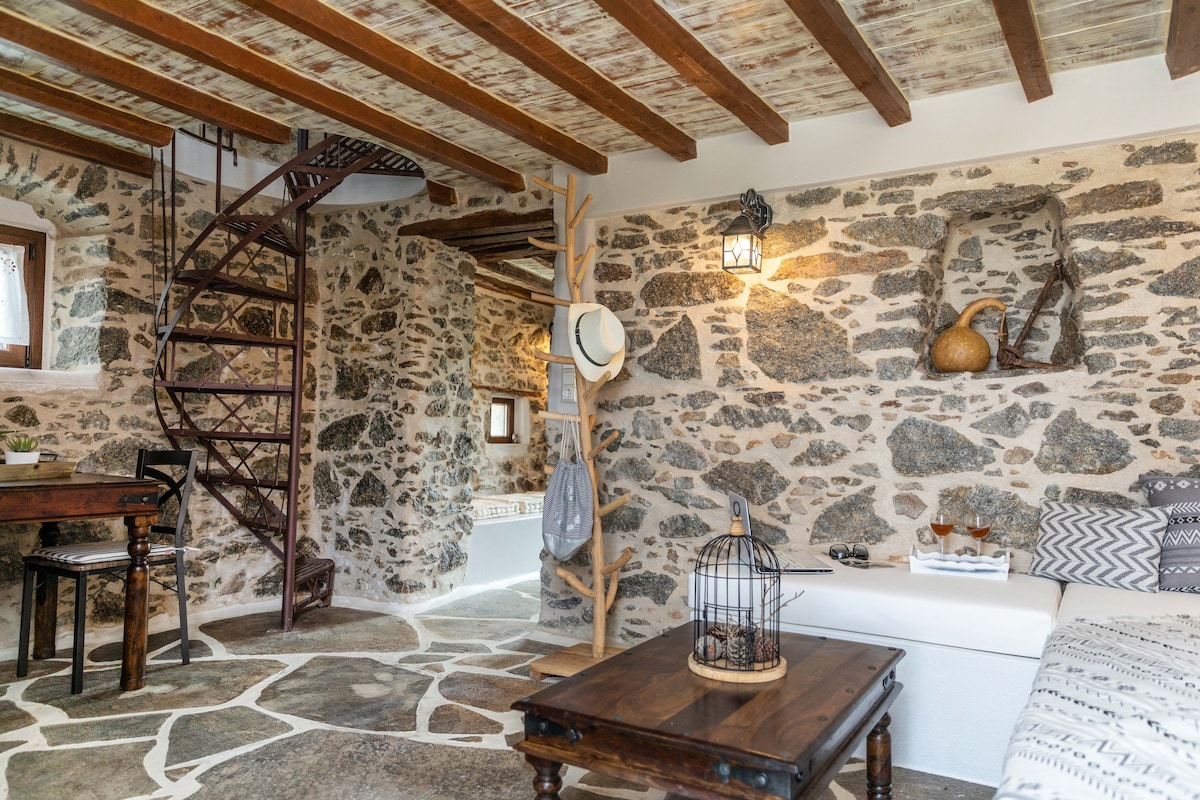 A well-crafted interior showcases a spiral staircase leading to a loft area. The walls are adorned with rustic stone, while a wooden table and chairs complement the cozy sitting space. Decorative elements, including a birdcage and hat, add charm to the warm ambiance.