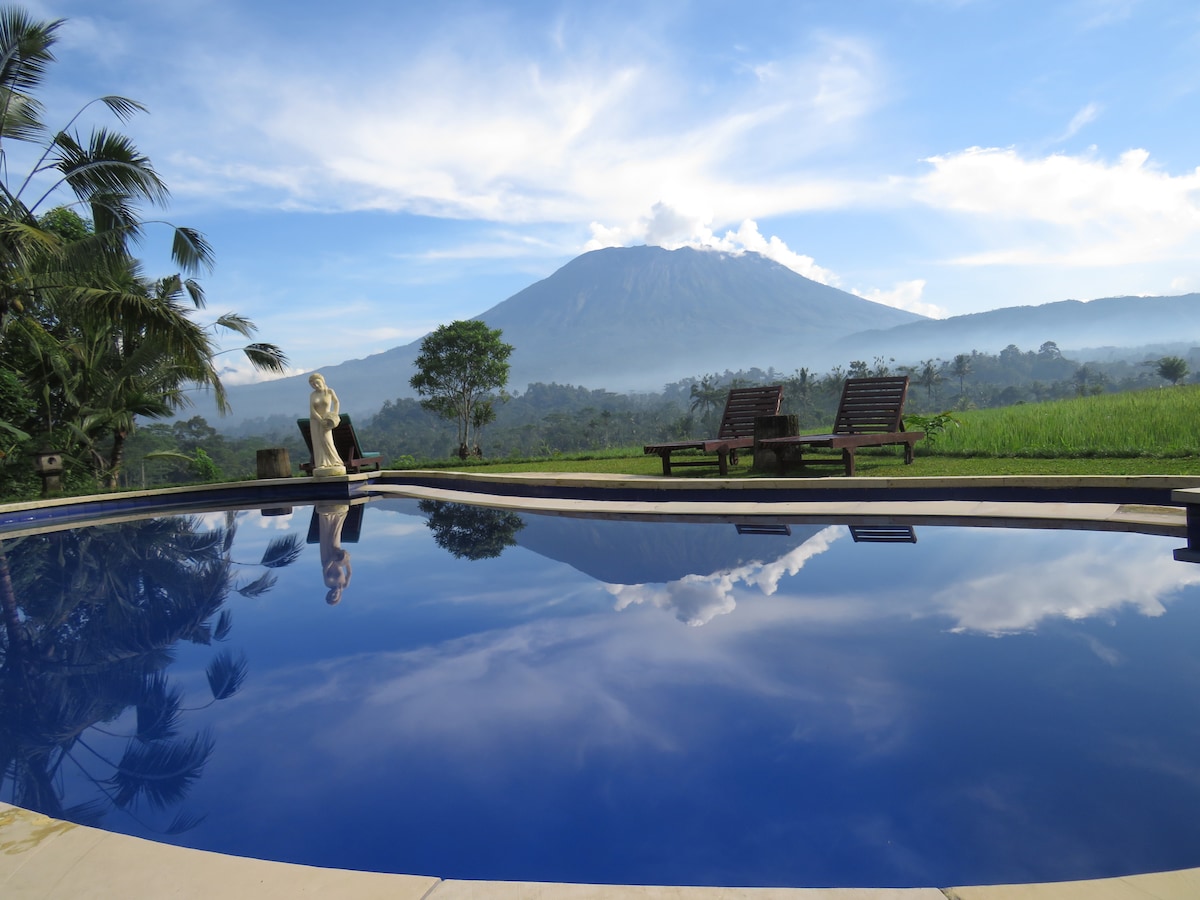 A clear blue swimming pool reflects nearby scenery against the backdrop of Mt Agung. Sun loungers are positioned nearby, surrounded by lush greenery and gently rolling rice fields. The mountainous landscape is partially shrouded in mist, offering a serene atmosphere.