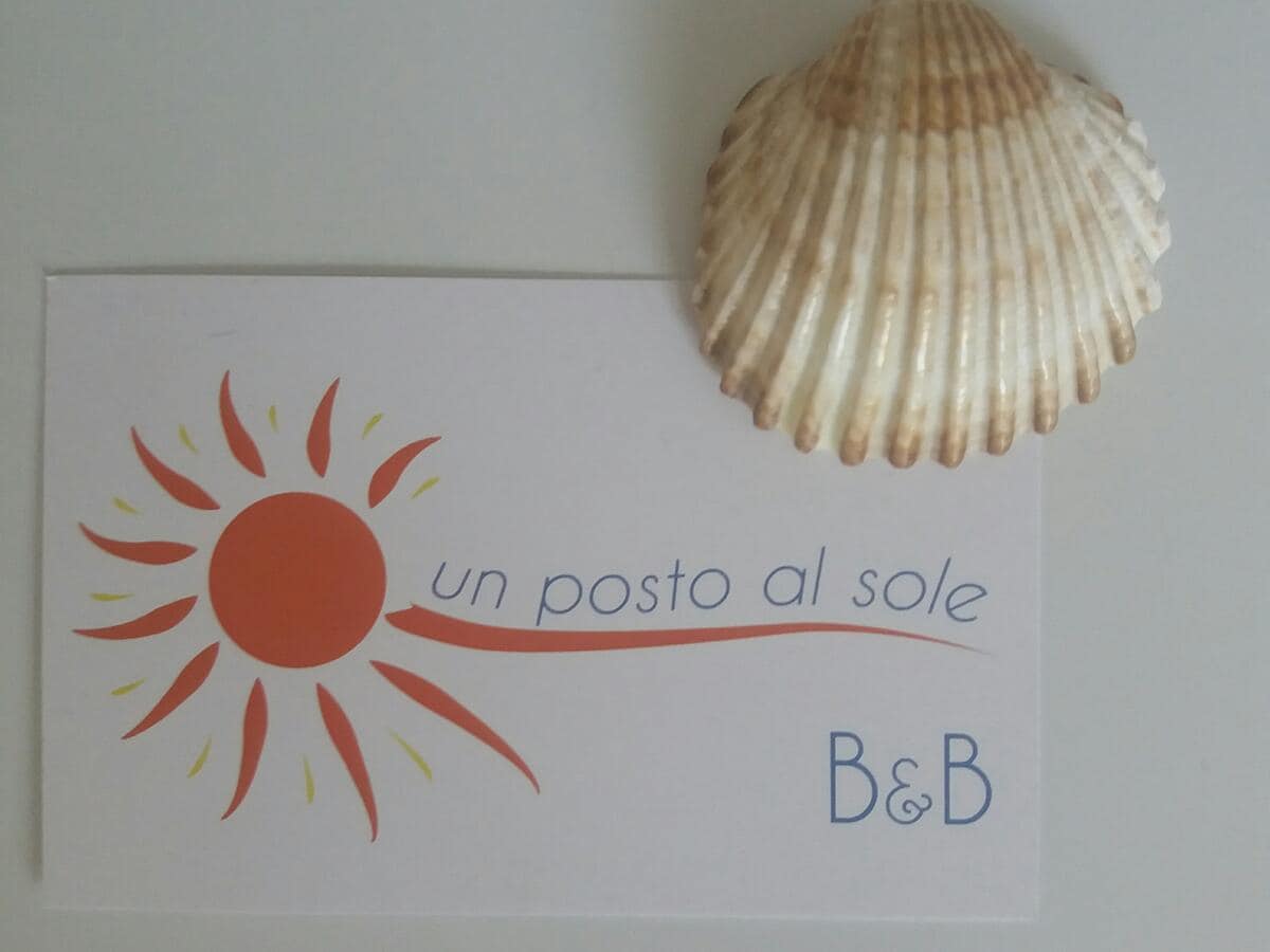 The image showcases the B&B logo, featuring a stylized sun in warm colors. A seashell with light brown stripes is placed beside the printed card, adding a natural element to the composition.