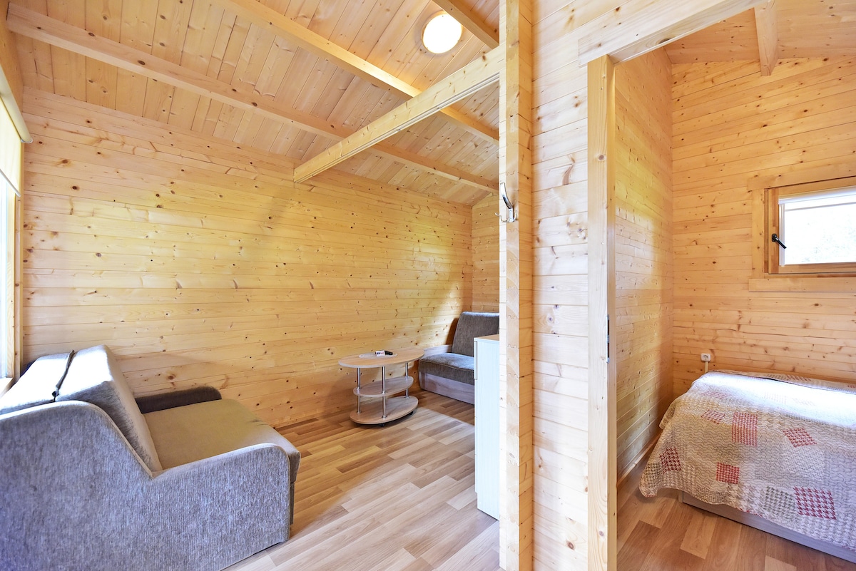 A wooden interior space features natural wood paneling and a high ceiling. A cozy seating area is arranged with a gray sofa and a round table, while a bed with a patterned coverlet is visible in the background. Natural light enters through small windows.