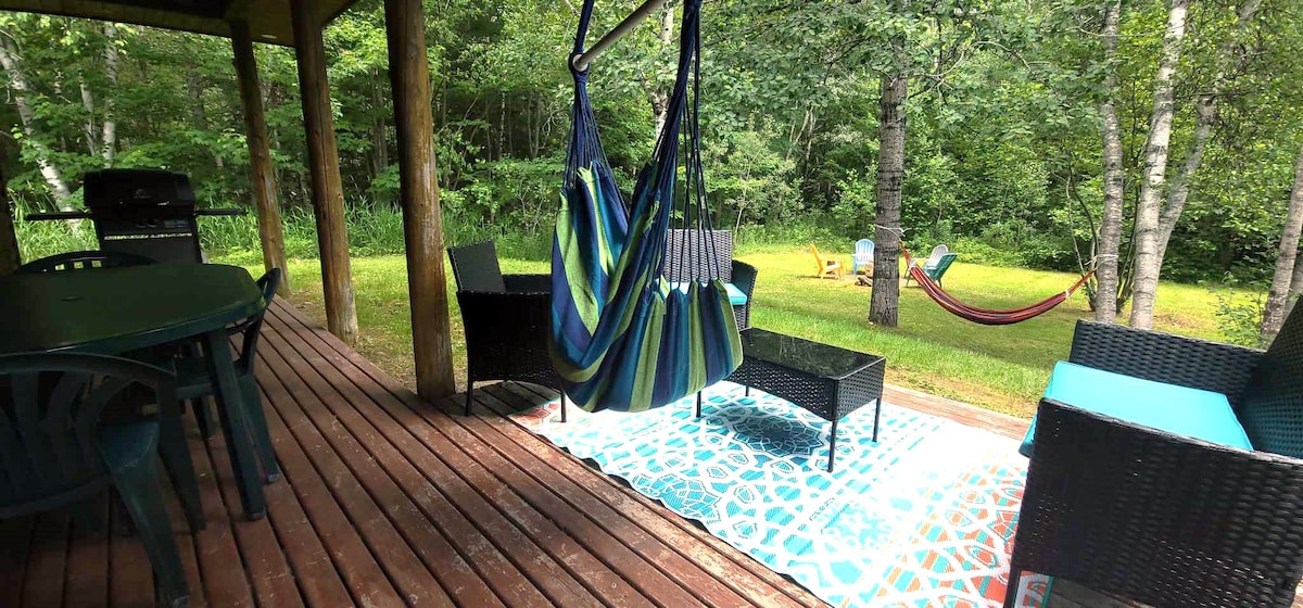 A wooden deck is depicted, featuring a colorful hammock suspended nearby. Comfortable seating includes a black wicker chair set and a round dining table. A BBQ grill is positioned at the rear, with a patterned area rug adding texture beneath the seating arrangements.