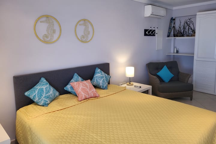 宽敞的空调卧室配有智能电视、套房浴室和带百叶窗的门，通往东部门廊。 适合认为空调太冷的人的吊扇，我们持续的加勒比微风和风扇可以冷却更舒适