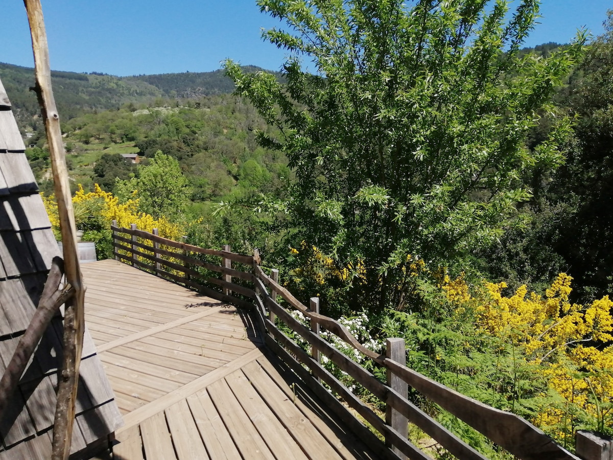 An outdoor terrace is framed by natural wood railings, showcasing a view of lush greenery and vibrant yellow flowering plants. The surrounding landscape features rolling hills under a clear blue sky, contributing to a serene, tranquil environment.
