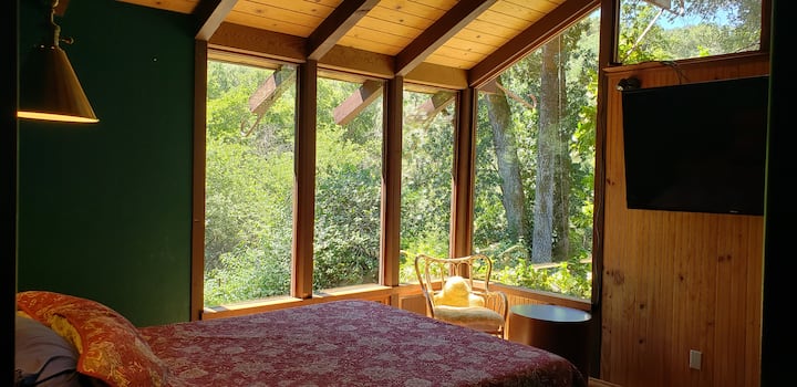 Bedroom with queen bed, smart TV, and a door to the hot tub deck.  Wide views of the garden and the river.