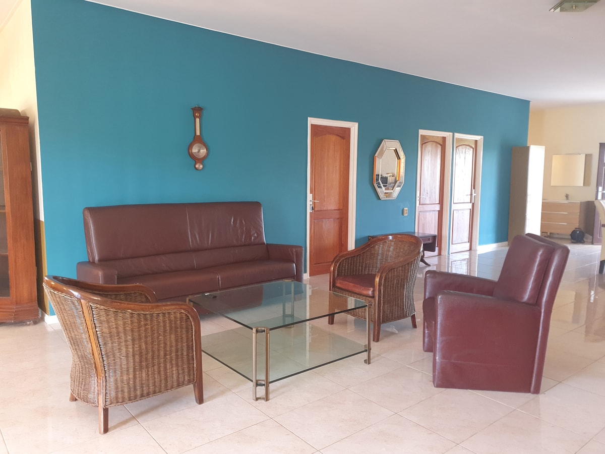 A spacious living area is showcased with a brown leather sofa and coordinating armchairs surrounding a glass coffee table. A striking blue accent wall complements the light-colored tiled floor. Wooden doors and a mirror are visible, adding depth to the inviting space.