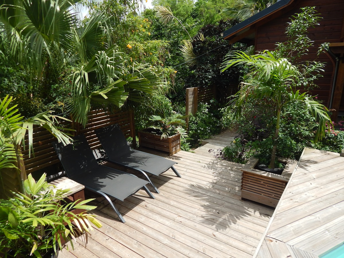 A wooden deck area is surrounded by lush greenery, featuring two sun loungers set among planters filled with tropical plants. Pathways lead through the garden, creating a serene space for relaxation and connection with nature.