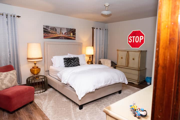 Bedroom 1- A comfortable new mattress paired with vintage furnishings for the nest of both worlds! 