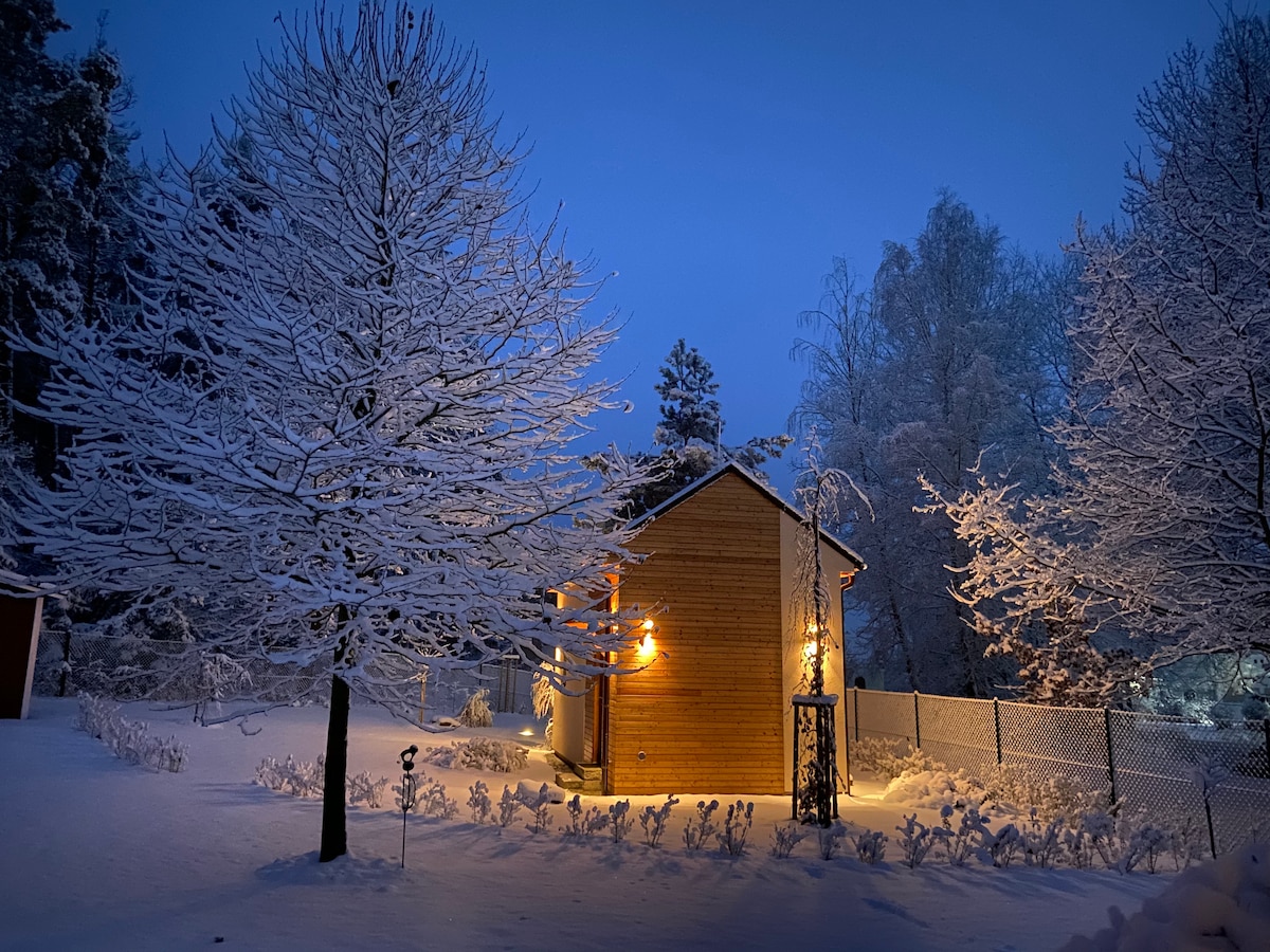 A cozy wooden cabin is surrounded by a snowy landscape during twilight. Snow-covered trees and a softly lit exterior create a serene atmosphere. The fence outlines the property, while the snow blankets the ground, enhancing the sense of tranquility.