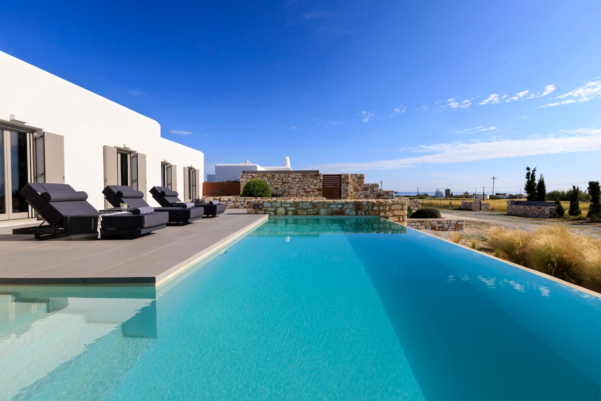 An expansive edge swimming pool reflects the clear blue sky. Sun loungers are positioned on the surrounding terrace, providing a comfortable space for relaxation. The landscape beyond features neatly trimmed greenery and distant structures, complementing the serene ambiance.