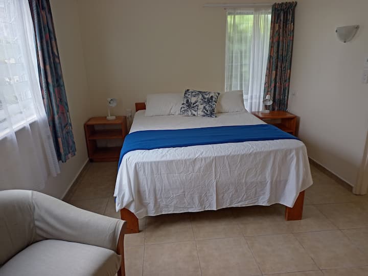 Glavna spavaća soba s bračnim krevetom, stolicom i dovoljno prostora.