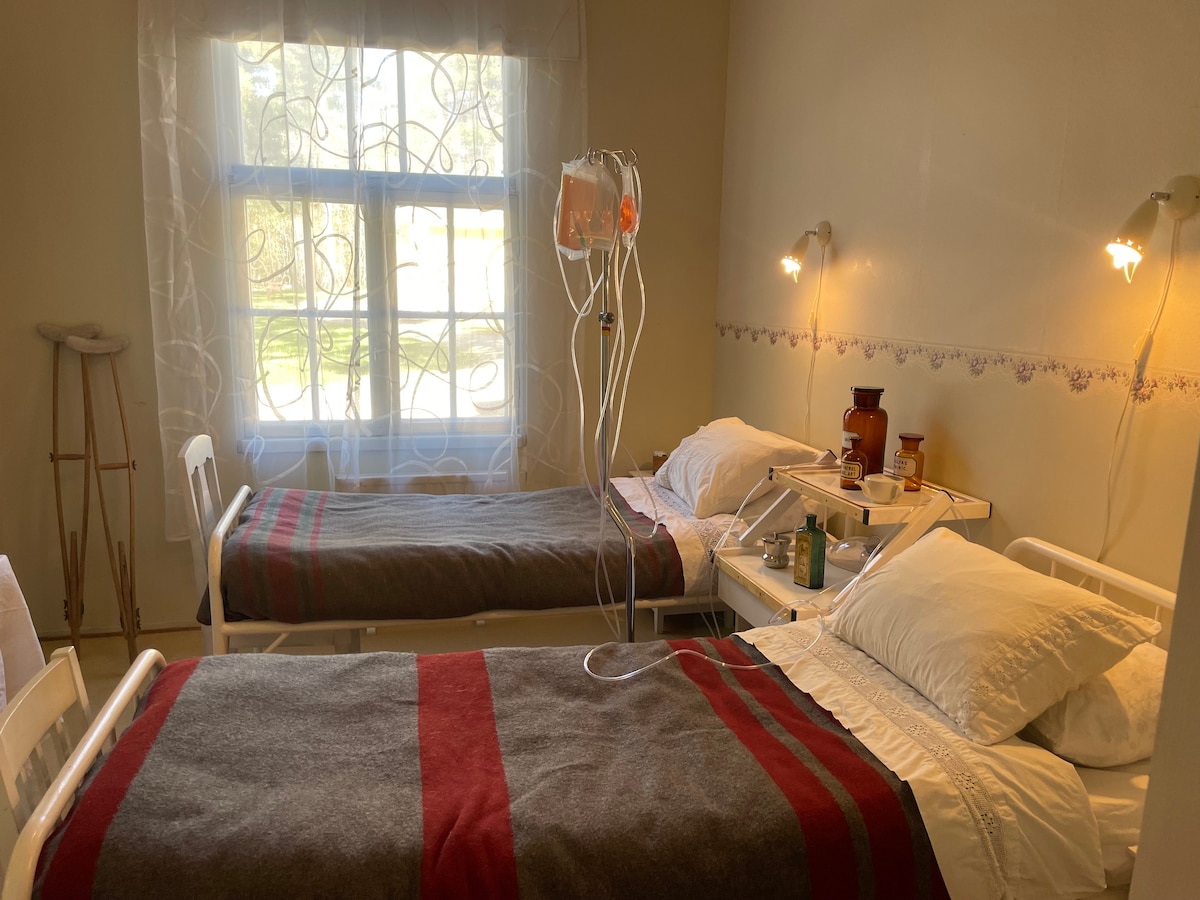 The room features two single beds dressed with gray blankets accented by red stripes. Each bed is equipped with a bedside table and reading lamp. A window dressed with sheer curtains allows natural light to brighten the space, revealing views of the outdoor garden.