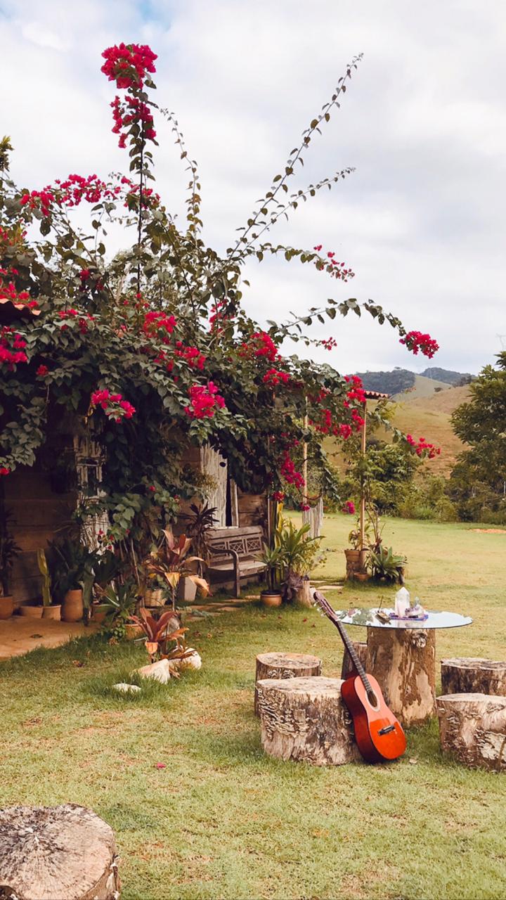 A charming outdoor area features a wooden table surrounded by log seats. Vibrant red flowers cascade from overhead greenery, providing a natural setting. A guitar rests on the grass nearby, inviting a sense of relaxation in this tranquil landscape.