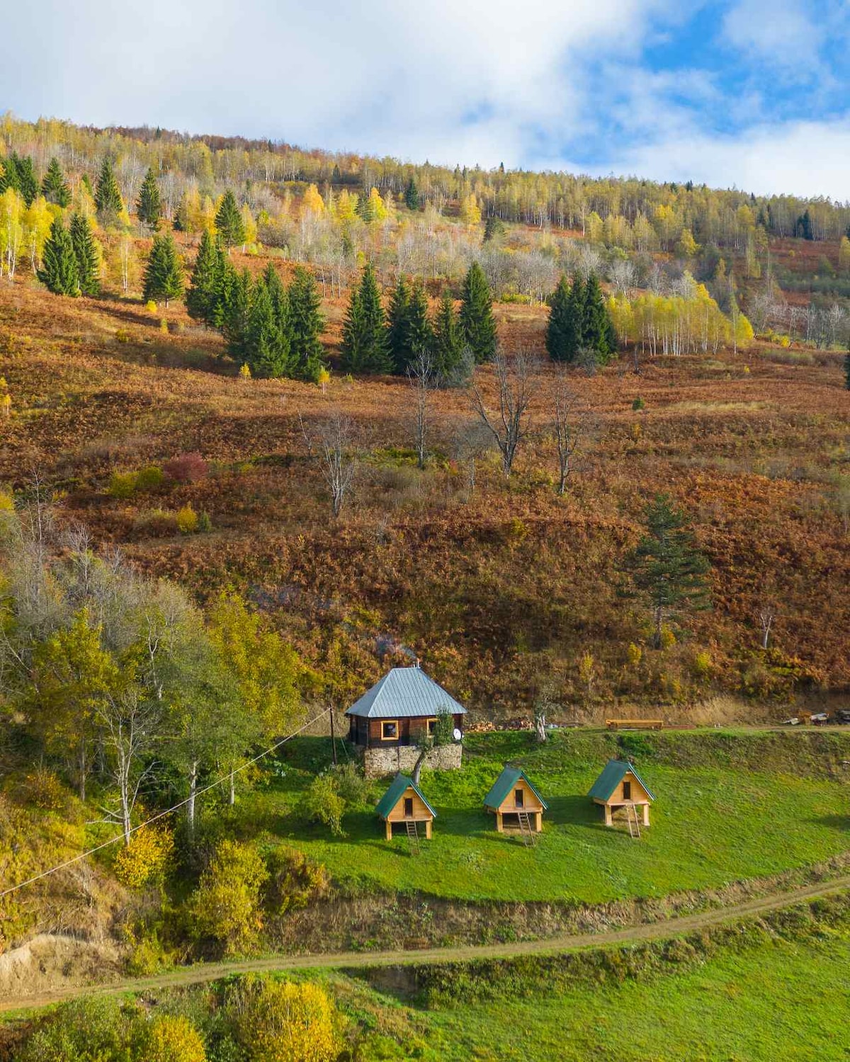 Three charming wooden cabins are positioned on a green hillside, framed by autumn foliage. A larger structure with a sloped roof stands nearby, surrounded by a backdrop of trees and a gently sloping landscape. The sky is partly cloudy, enhancing the serene outdoors.