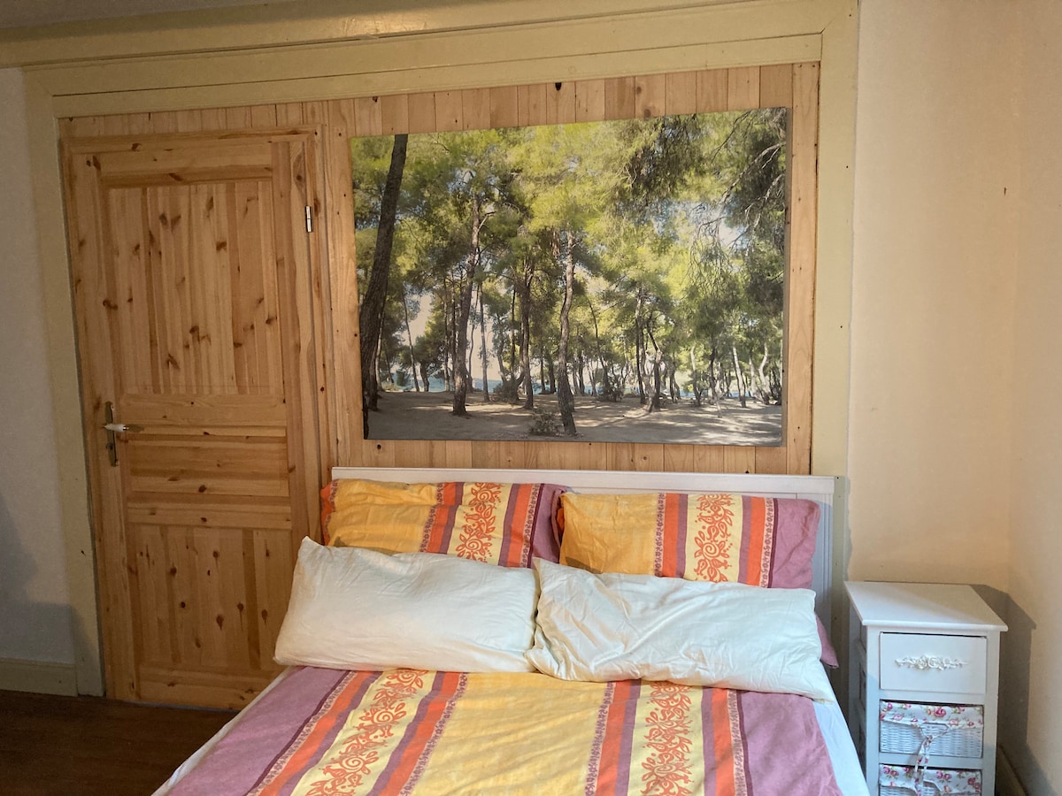A spacious bed is adorned with colorful bedding, featuring shades of yellow and pink. A wooden panel wall complements the decor, while a framed image of a serene forest scene adds a touch of nature. A small nightstand is positioned beside the bed.