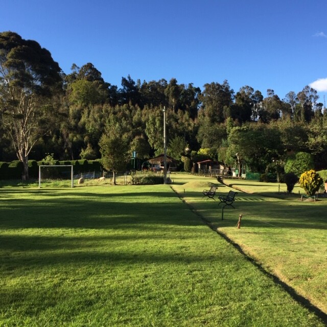 A spacious green area is framed by tall trees and gently rolling hills. Several picnic tables are visible along the pathway. A well-maintained soccer field is present, along with benches placed under the shade of trees, inviting relaxation in nature.