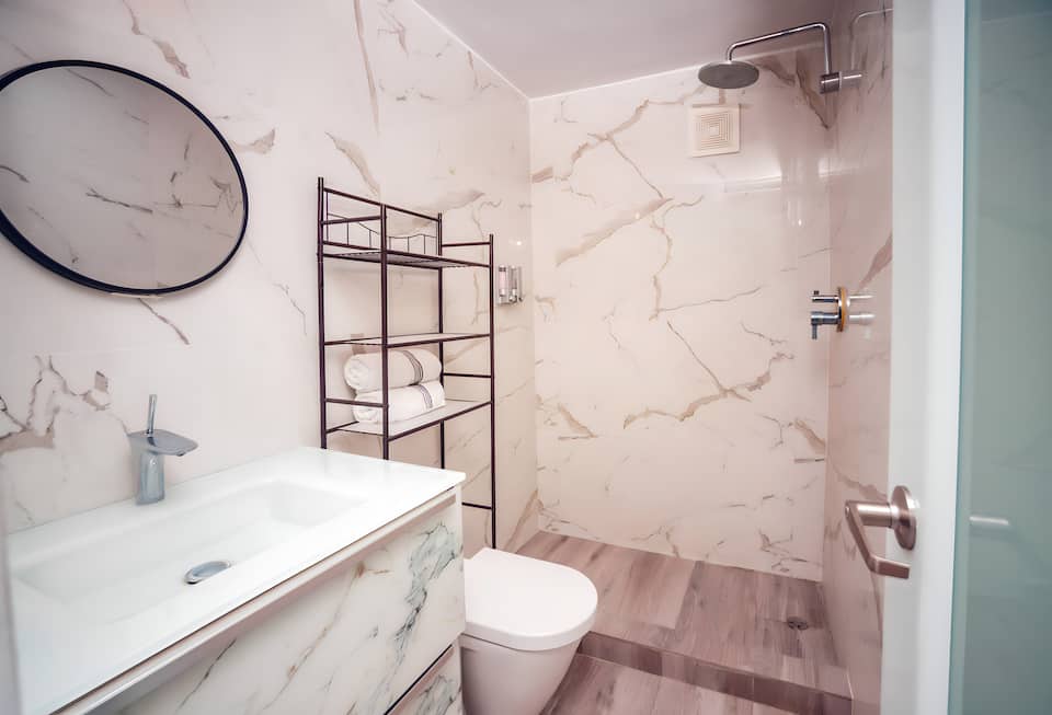 Condo bathroom with a walk-in shower