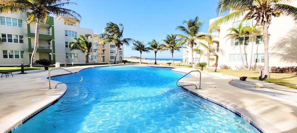 Shared pool with palm trees at Haudimar Beach Apartments