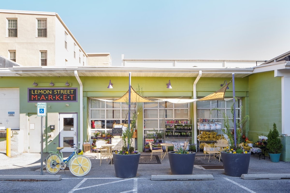 The exterior of Lemon Street Market features a vibrant green facade and a large sign. Seating areas with colorful planters filled with flowers are visible, complemented by decorative bicycles. Sunshades provide shelter over the outdoor space, creating a welcoming atmosphere for visitors.