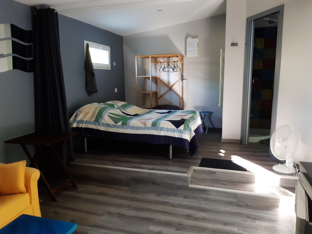 السرير المزدوج ، مدخل الحمام ، زاوية الأريكة الصفراء