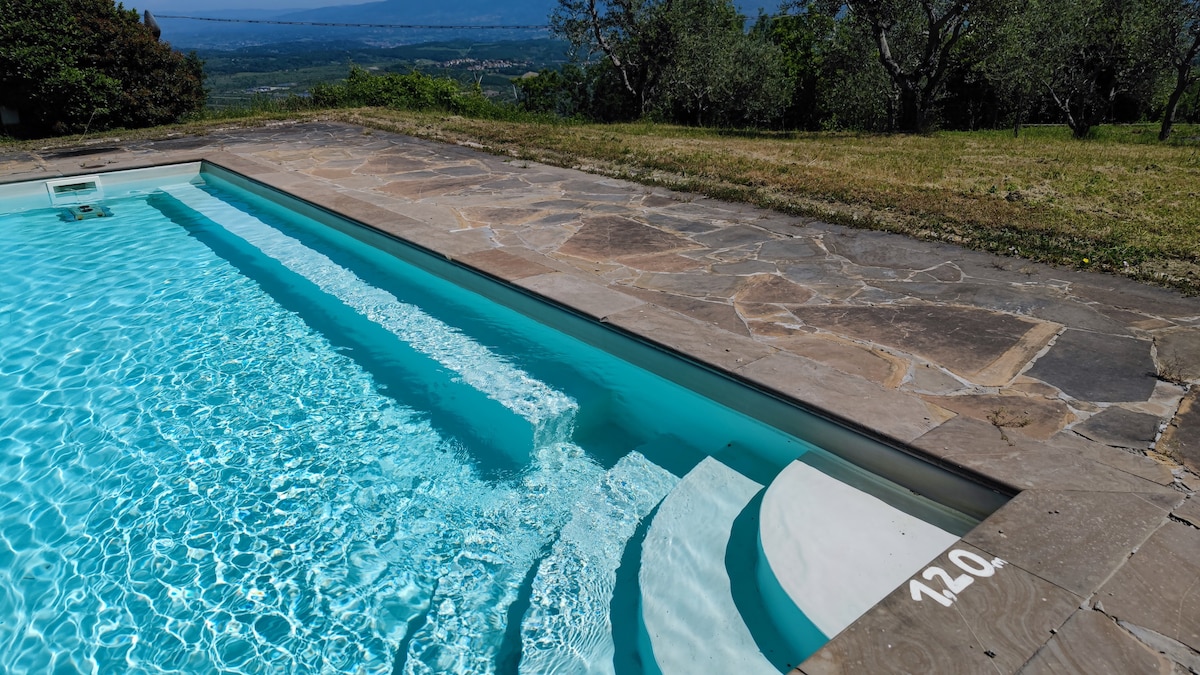 The image features a clear swimming pool with steps leading down into the water. Surrounding the pool is a stone deck with neatly arranged tiles and a grassy area beyond. A scenic view of hills and valleys is visible in the background.
