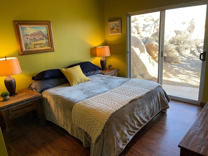Bedroom #2 in the main house.  Queen bed, and like every room has amazing boulder views.