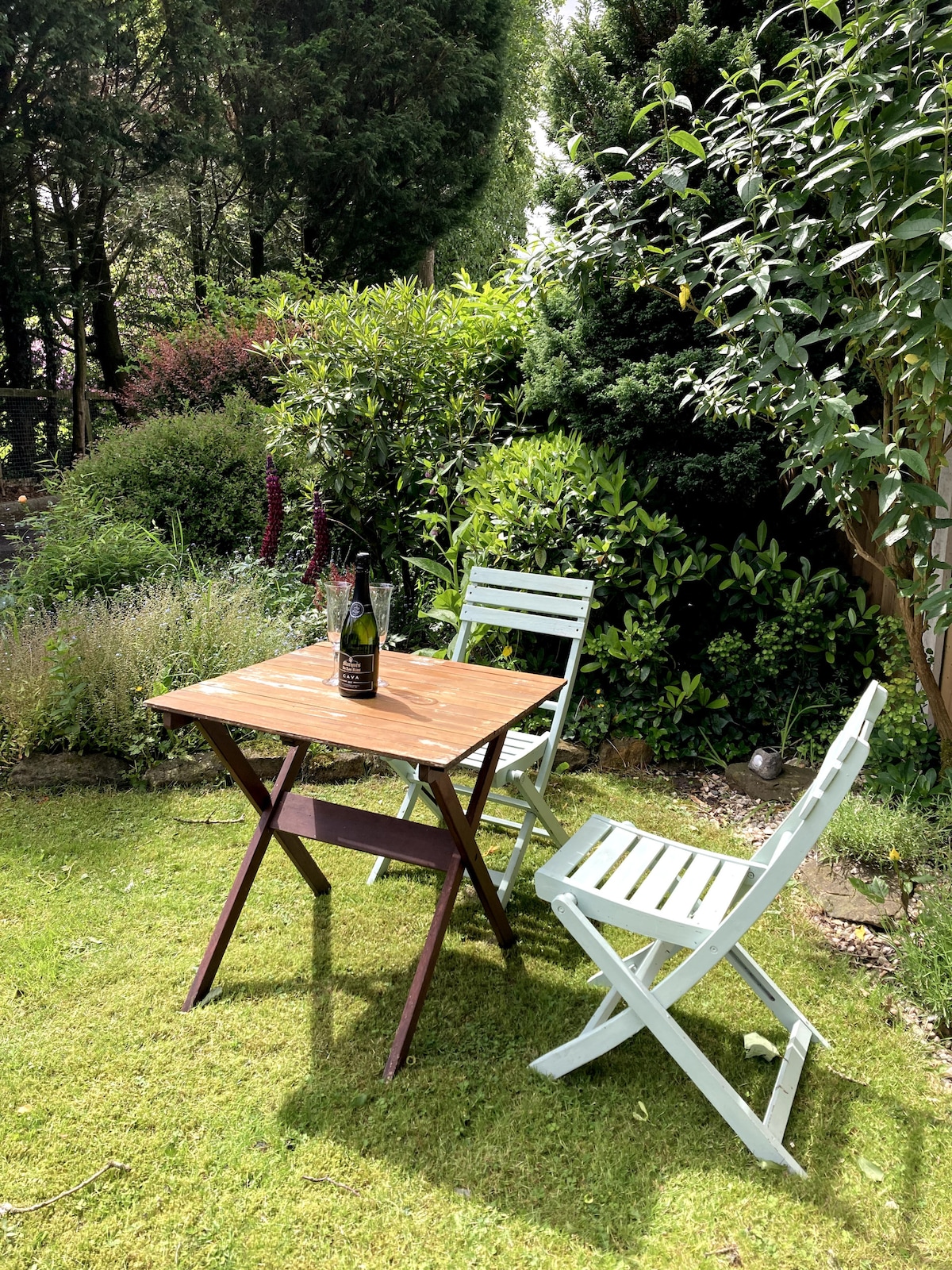 An outdoor seating area is visible within a garden setting, featuring a wooden table accompanied by two folding chairs. A bottle is placed on the table, surrounded by lush greenery and flowering plants, providing a relaxing environment for outdoor enjoyment.