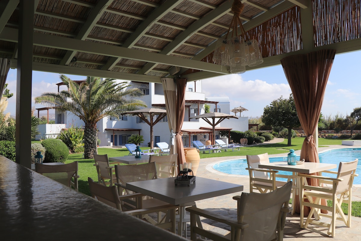 An outdoor seating area is showcased under a thatched roof, featuring white wooden tables and chairs. A swimming pool and manicured gardens are visible in the background, complemented by palm trees and shaded lounge areas. Soft drapes frame the view, adding to the relaxed atmosphere.