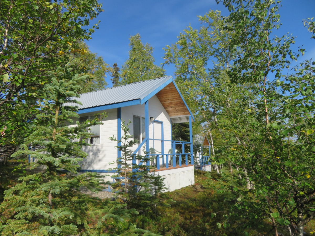 A small cabin is nestled among green trees and shrubs. The cabin features a light-colored exterior with blue accents on the porch and roof. A wooden deck with railing is visible, framed by a clear blue sky and surrounded by natural vegetation.