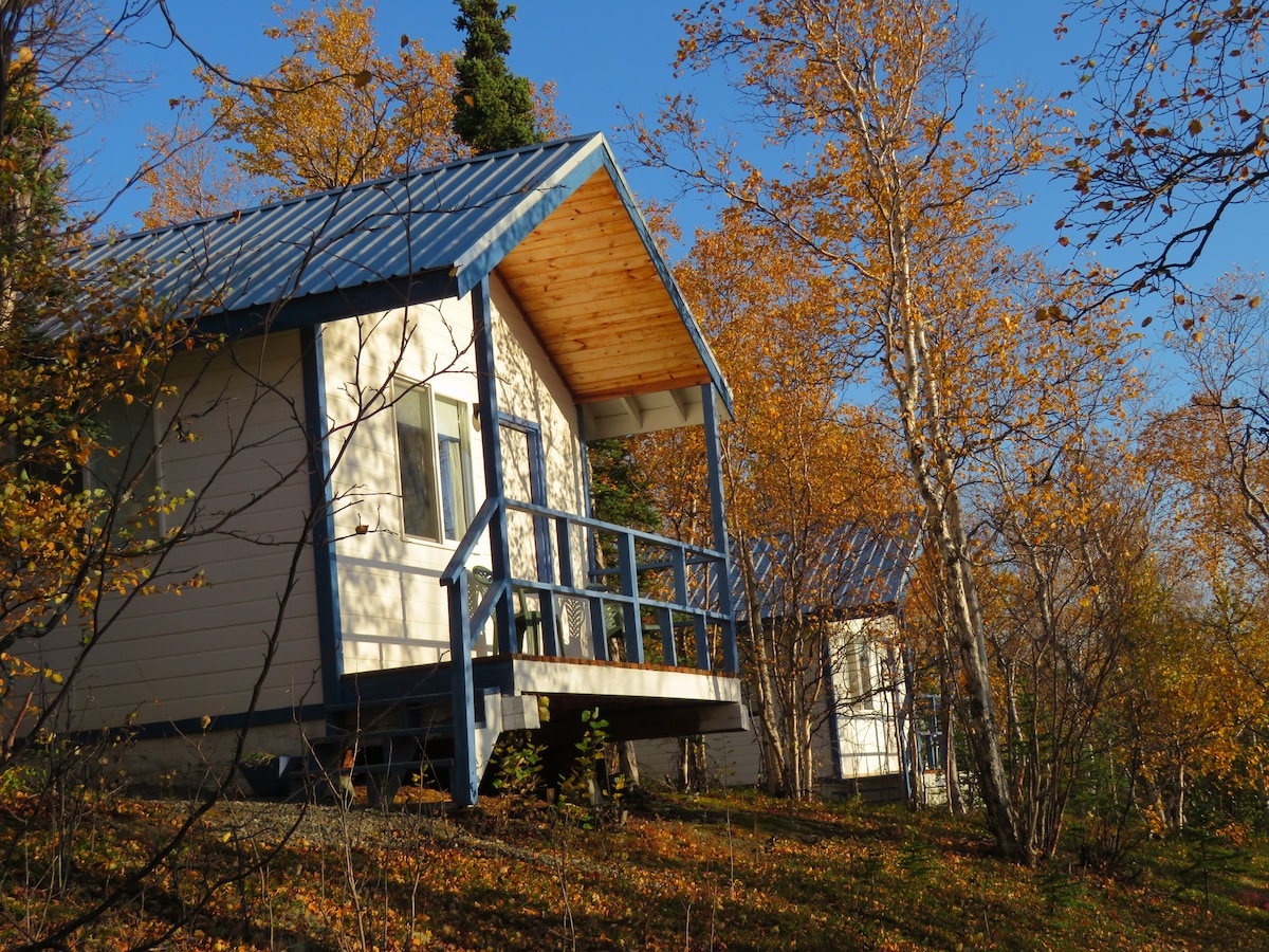 Two cabins are nestled among autumn foliage, with golden leaves contrasting against the blue sky. Each cabin features a metal roof and a covered porch, complemented by a railing. Sunlight enhances the natural setting, creating a peaceful retreat atmosphere.
