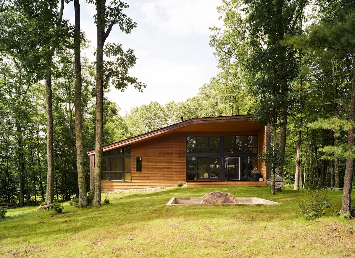 A modern wooden home is nestled among the trees, featuring a sloping roof and large windows that create an open view. The structure blends seamlessly with the grassy surroundings and is accompanied by a small stone patio area.