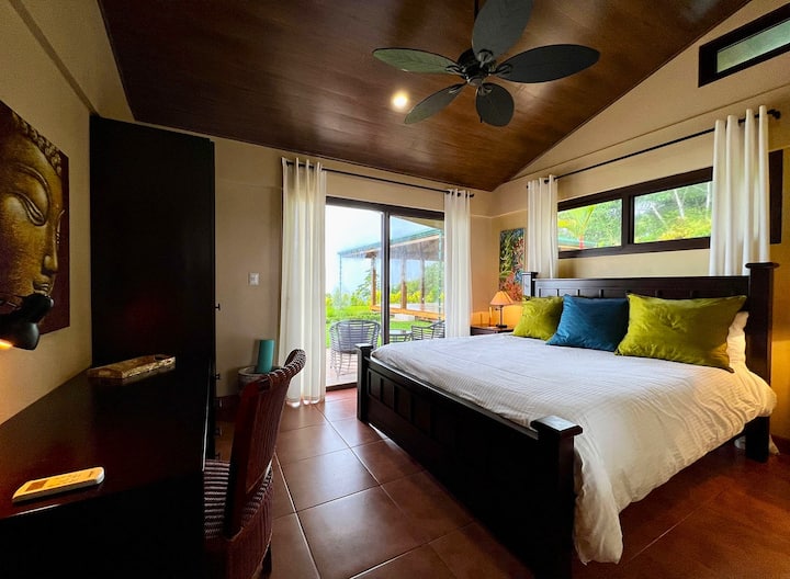 Master Bedroom is separately airconditioned (if needed) and is a suite with a king-sized pillowtop mattress with hotel-level cotton linens.  
