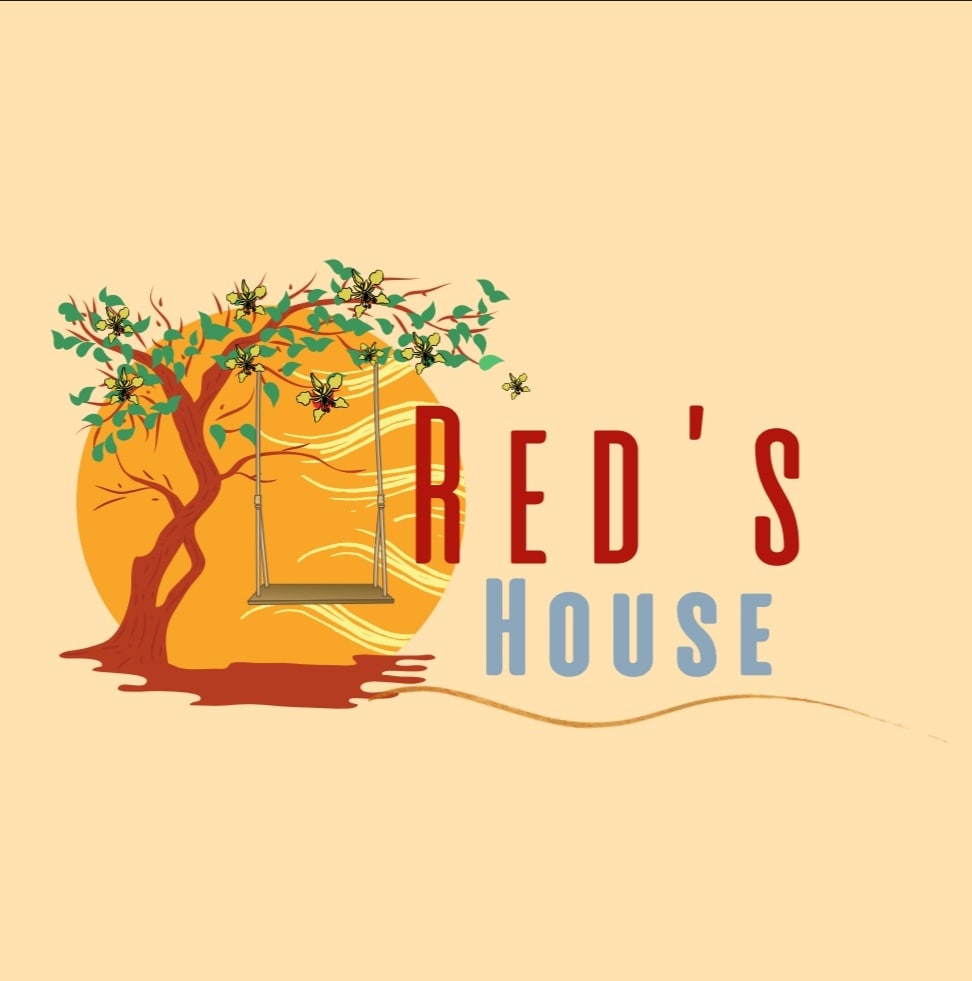 A logo featuring a colorful tree with flowers and a swing is presented against a warm sunburst background. The words 'RED'S HOUSE' are displayed prominently, with 'RED'S' in bold red and 'HOUSE' in a calming blue, creating a welcoming visual identity.