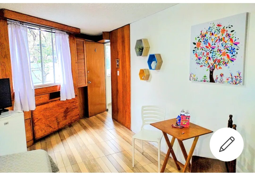 A small yet inviting space features a wooden wall and paneling, highlighting dedicated areas for utility. A spacious bed is accompanied by a white chair and a simple table, while light comes through a window draped with sheer white curtains. Decorative wall art adds color.