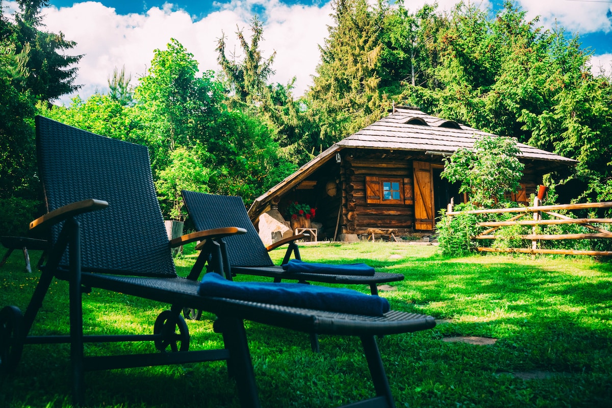 Two lounge chairs are positioned on a grassy area, inviting relaxation among nature. A rustic wooden cottage with a thatched roof is visible in the background, surrounded by lush greenery and trees. The sky is partly cloudy, enhancing the serene atmosphere.