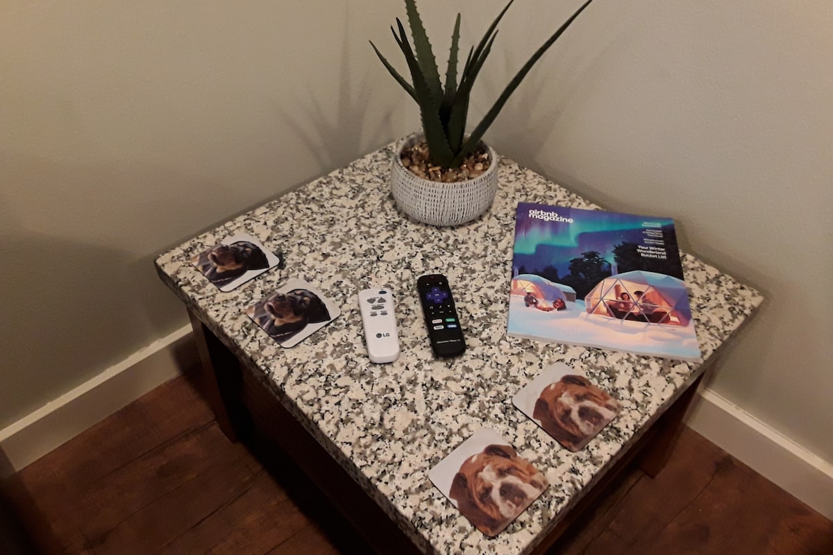A small coffee table is presented, featuring a granite surface adorned with coasters depicting a dog. A remote control and a magazine are placed on the table, while a potted plant with long green leaves adds a touch of greenery to the setting.