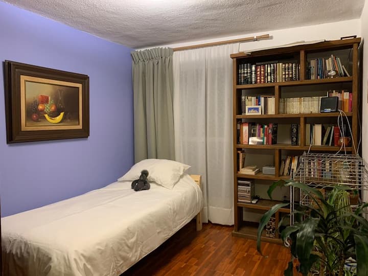 Open bedroom view, divided only by a biombo.