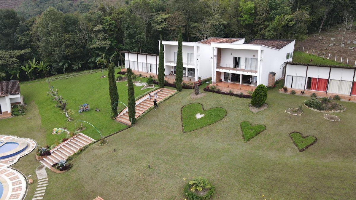 An aerial view highlights a modern cabin surrounded by lush greenery. The landscape features shaped bushes, a pool area, and pathways leading to the entrance. Large trees provide added shade, while the cabin's architectural lines create a harmonious balance with the natural surroundings.