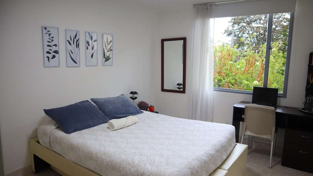Amplia habitación privada, cama doble, muy luminosa, vista  con  árboles en un apartamento familiar, tranquilo ideal para nadar y trabajar a distancia ( wifi de 200 megabytes, fibra óptica)