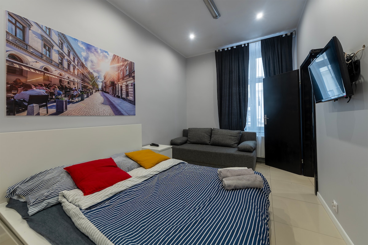 A cozy sleeping area features a spacious bed with striped bedding and colorful accent pillows. A modern sofa is positioned nearby, and a wall-mounted TV is visible. Natural light enters through a large window adorned with dark curtains, creating a comfortable atmosphere.