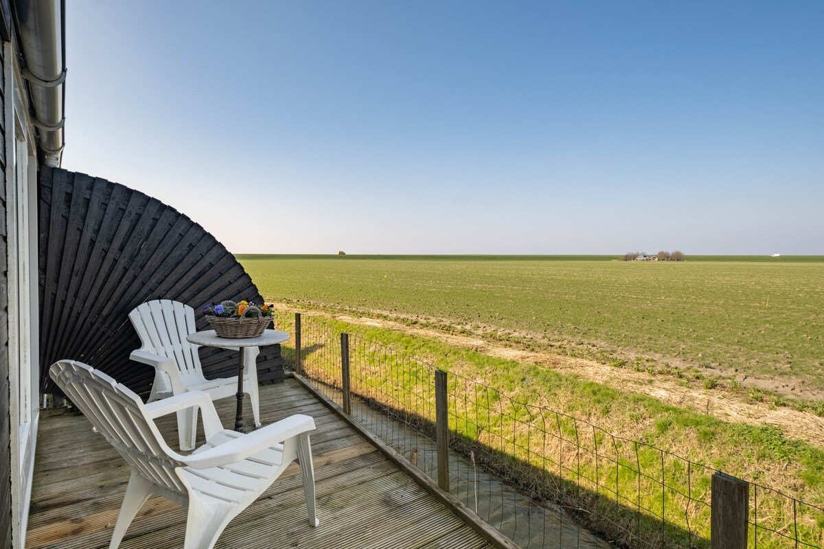 A balcony area offers two white adirondack chairs beside a round table, where a basket of fruits is placed. An expansive view of green fields stretches towards the horizon under a clear blue sky.