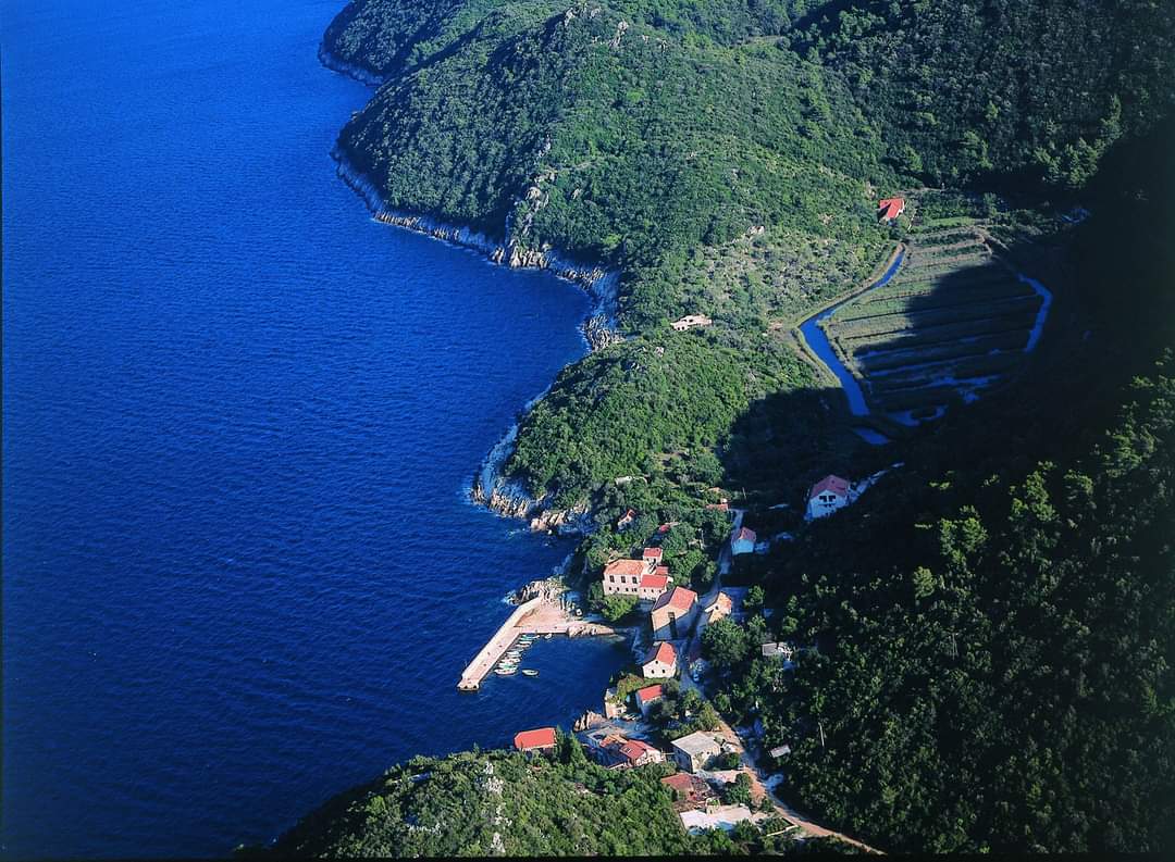 Aerial view of Kozarica reveals a small coastal village nestled among lush green hills. The azure sea gently laps against the shore, while a few buildings and a small port with domestic boats are visible. The landscape showcases the natural beauty of the Mediterranean coastline.