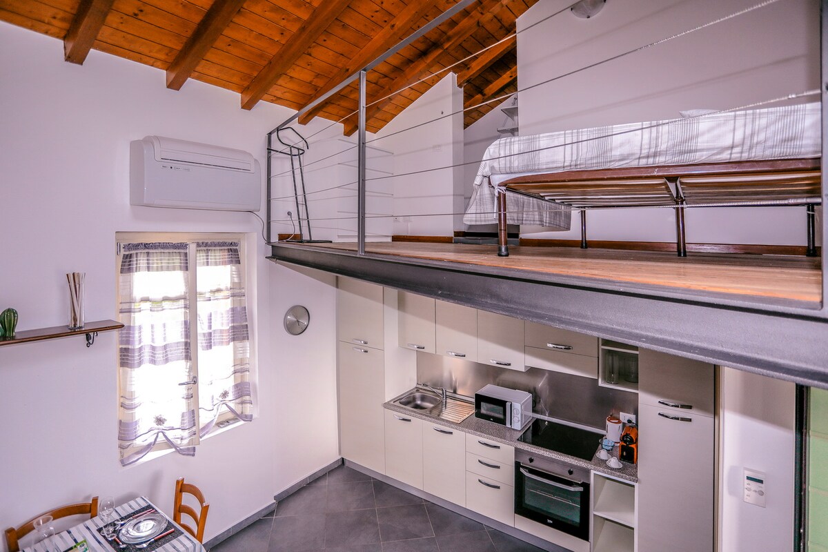 An open-concept living space features a well-equipped kitchen area with modern appliances. A lofted sleeping area above showcases a wood railing and spacious bed, while natural light enters through a window adorned with soft curtains. A cooling unit is mounted on the wall.