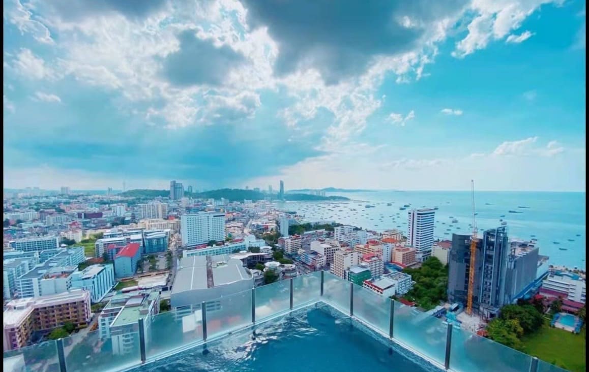 A panoramic view of the vibrant cityscape and coastline is captured from a high vantage point. The horizon showcases a blend of buildings, lush greenery, and the shimmering sea under a partly cloudy sky.